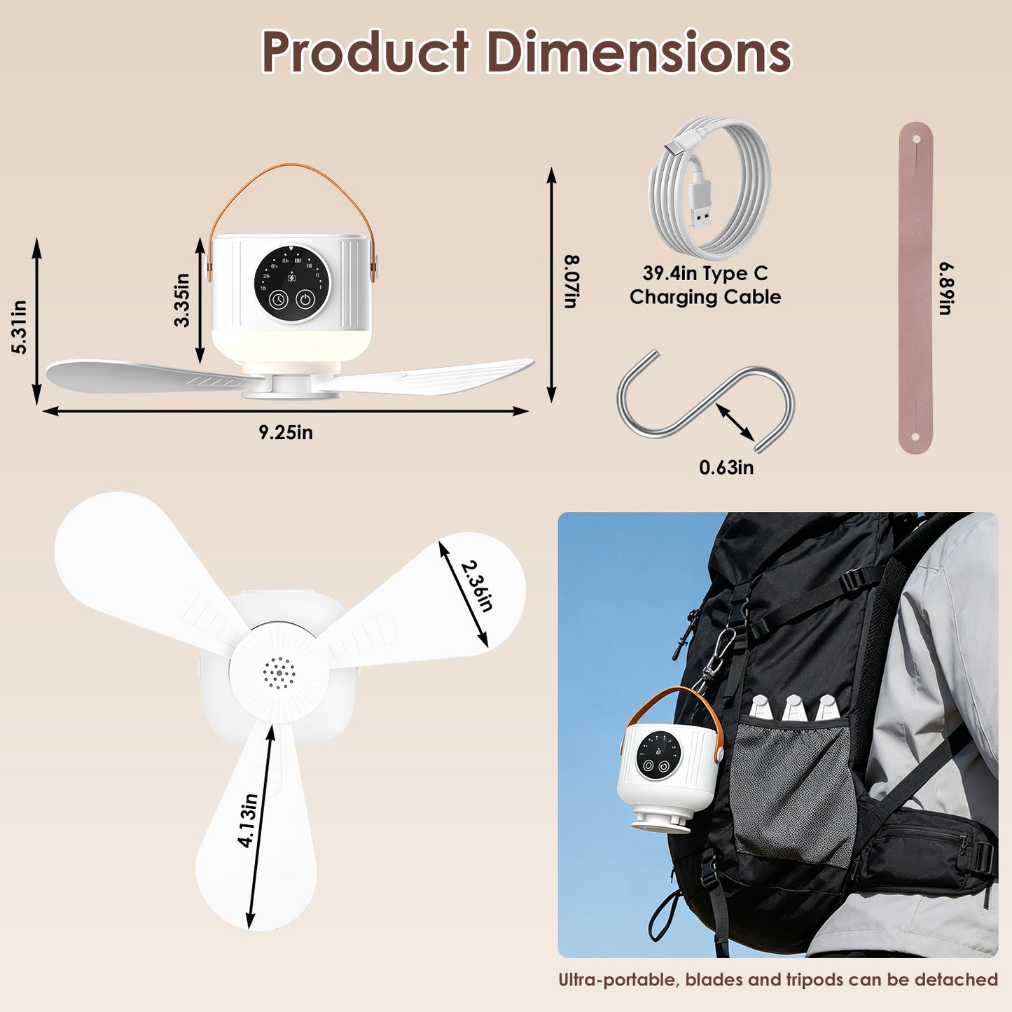 Rechargeable Tent Ceiling Fan with Light – Portable Camping Fan