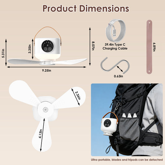 Rechargeable Tent Ceiling Fan with Light – Portable Camping Fan